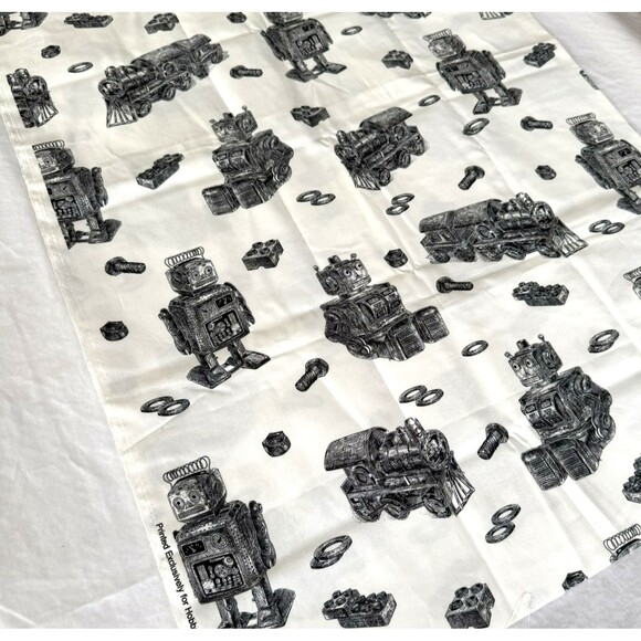 Robots Trains Bolts Black Off White Fabric Boys Cotton Quilt Fabric BTY - Picture 5 of 6